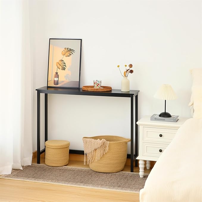 Bamboo Narrow Console Table, 39.4"(L) Wood Small Entryway Table, Accent Slim Hallway Tables, Thin Sofa Side Tables for Hallway, Living Room, Bedroom, Foyer, Black