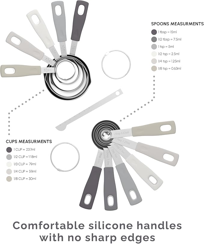 CuttleLab Measuring Cups and Measuring Spoons Set of 14 - Stainless Steel Measuring Cups and Spoons Set, Includes 1/8 Teaspoon Measuring Spoon, 1/8 Cup Measuring Cup, Leveler Dry (14, Charcoal)