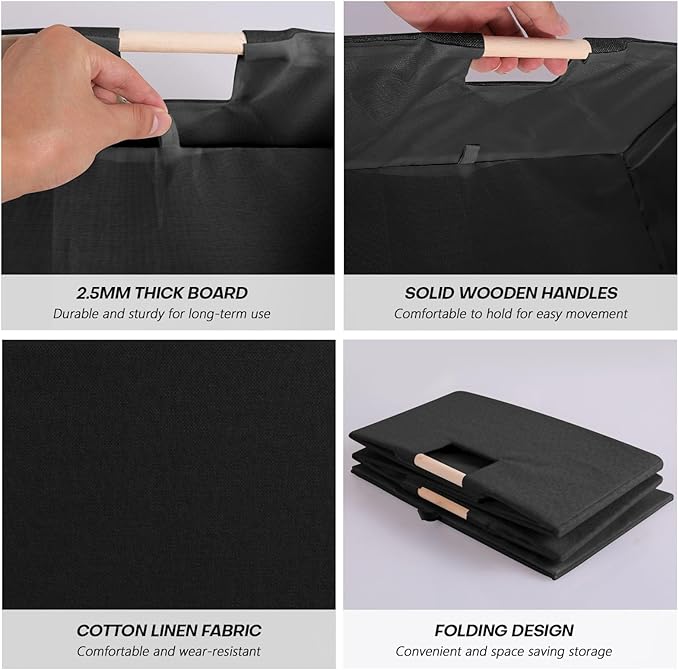 Fabric Storage Bin Box Foldable Cotton Linen Storage Basket with Wooden Handles Rectangular Cube Decorative Home Laundry Organizer Clothes Blanket Container – Black, Small