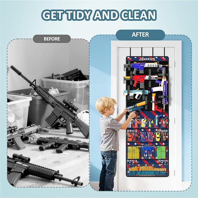 Over Door Toy Gun Storage, Hanging Organizer for Toy Guns, Toys Organizer with Pockets, Hook&Loop Straps for Foam Blasters, Darts, Goggle, Toys Storage Door Hanger for Kidroom, Gameroom