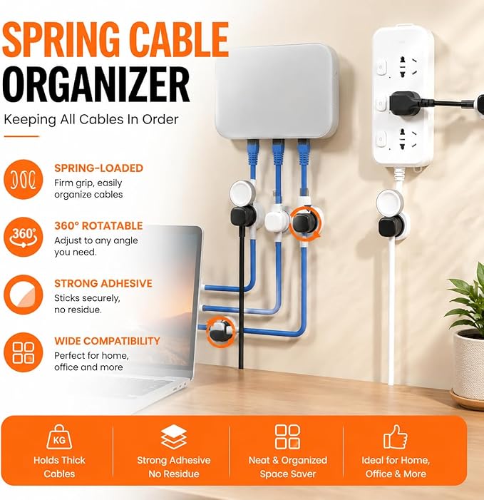 6Pack Cord Organizer - [Dual Spring & Clasp Lock] Cable Management Clips, Adhesive Phone Charger Keeper, Compact Wire Holder for Nightstand/Car, Home Office Desk Accessories Decor Essentials