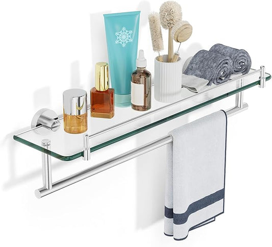 20-Inch Tempered Glass Bathroom Shelf with Towel Bar - Brushed Nickel & Stainless Steel, Wall Mount Rustproof Tower Holder with Shelves