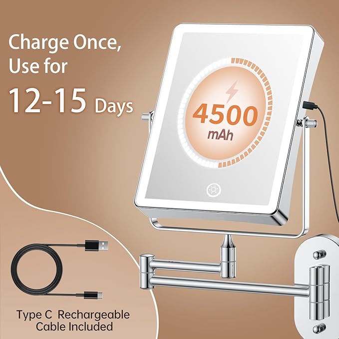 FASCINATE Rechargeable Wall Mounted Makeup Mirror, 4500mAh 8.7" Double Sided Touch Switch 1X 30X Rectangle Wall Mounted Magnifying Mirror with Light, 3 Color Setting, Extended Arm 360° Foldable Chrome