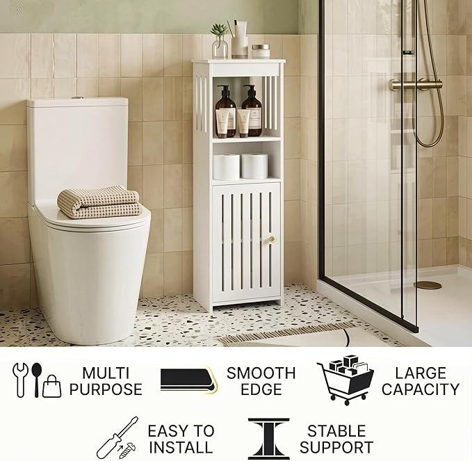 Narrow Bathroom Storage Cabinet, 5-Tier Slim Organizer with Door and Open Shelf for Toilet Small Spaces, White, 7.9" D x 9.8" W x 31.5" H