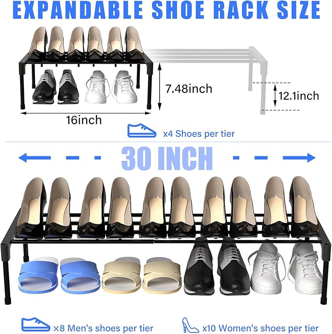 Teenyyou 2 Pcs Expandable Shoe Rack 17 ''-30 '' Adjustable Shoe Shelf Metal 1 Tier Rack Black Stackable Organizer for Cabinet Entryway Closet Doorway Front Door Small Space Dorm Room Storage