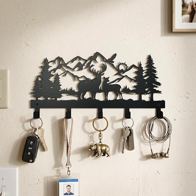 Metal Key Holder Wall Mount, Rustic Cabin Key Rack Hooks, Woodland Wildlife Wall Art Organizer for Entryway, Kitchen, Hallway, Garage, Farmhouse Home Decor & Housewarming Gift (Deer Mountain)