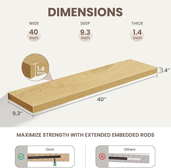 Acovy Floating Shelves for Wall,40 Inch Long Floating Shelves Set of 2,9.3" Deep Floating Shelf for Home Decor,Wall Mounted Bookshelf Large Display Storage Shelf for Bedroom Office Bathroom,Oak