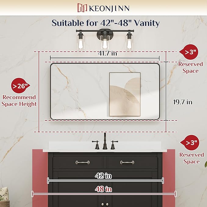 Keonjinn Black Bathroom Mirror for Over Sink, 42 x 20 Inch Rounded Rectangle Bathroom Vanity Mirror, Matte Black Sandblasted Finish, HD Tempered Glass, Wall Mirrors with Seamless Aluminum Alloy Frame