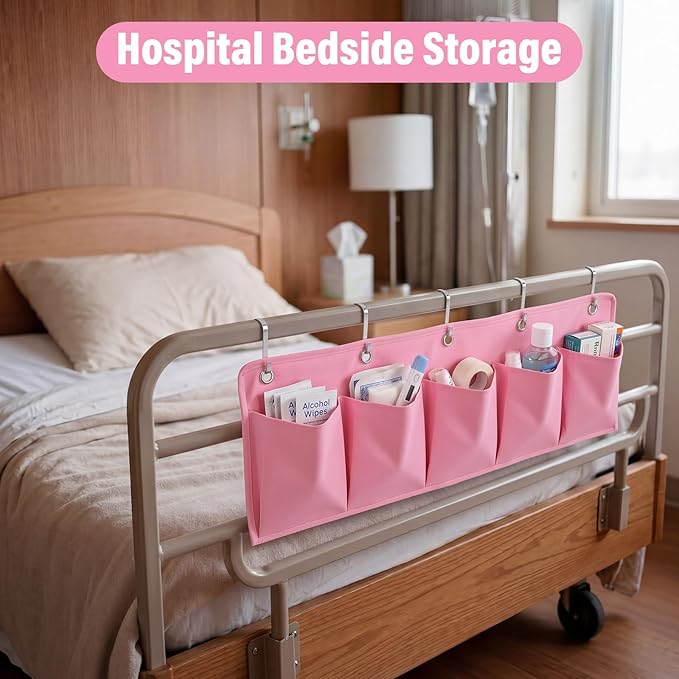 Extra Large Bedside Caddy Storage Bag 53 Inch Bedside Hanging Organizer Bedskirt Pocket Organizer Storage Bag Shoe Rv Pockets with Hook for Home Dormitory Hospital Camper Van Bunk Nursery Bed(Pink)