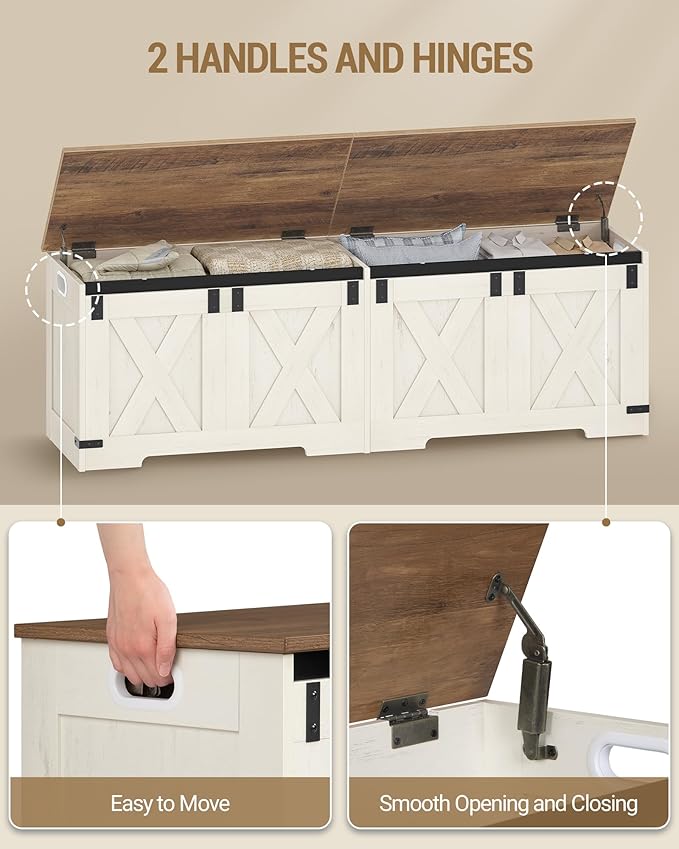 Hzuaneri 59" Storage Chest, Large Storage Trunk with 2 Hinges, Farmhouse Wooden Box Bench, Lift-Top Organizer Chest, Entryway Trunk for Bedroom, Living Room, White and Brown SB15014X