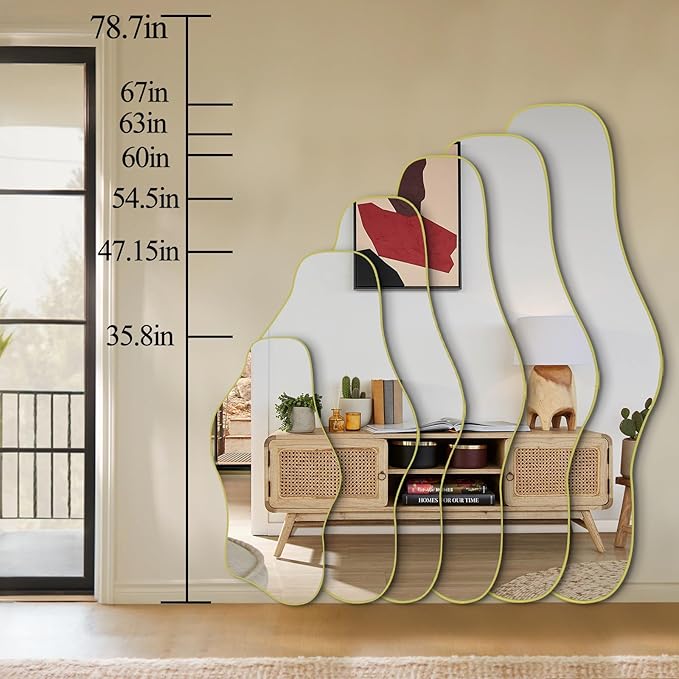 Irregular Full Length Mirror, 67"x31" Large Asymmetrical Tempered Glass Mirror, Gold Organic Frameless Wall Mirrors for Living Room Bedroom Hallway Entryway, Horizontal or Vertical Hanging