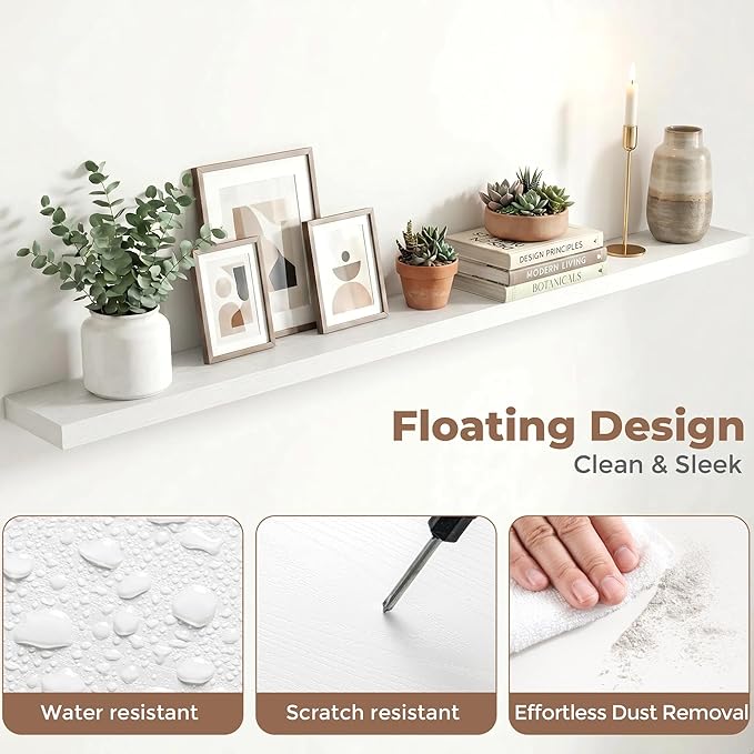 Venusmiles Floating Shelves for Wall, 72 Inch Floating Shelves Set of 1, 6.5" D Wooden Wall Mounted Display Shelves with Invisible Brackets for Living Room, Bedroom, Bathroom, Kitchen Decor, White