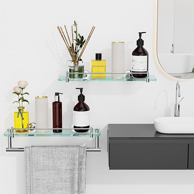 Glass Bathroom Shelves,Chrome Polished Floating Shelves for Wall Rectangular Modern Stainless Steel Glass Shelf for Bathroom Shelves wall Mounted 16 Inch