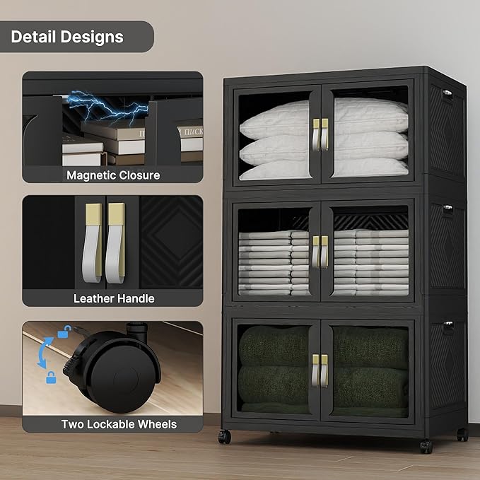 UAMFURI Stackable Storage Bins with Lids, Clear Doors, Large Storage Cabinet Foldable Collapsible Closet Organizers for Bedroom Dorm Office (3, Black, 160, Quarts)