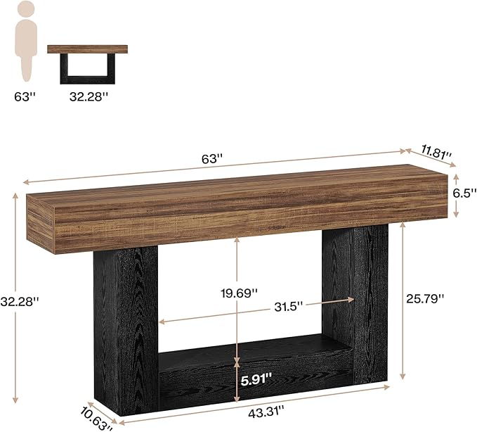 Tribesigns 63-Inch Long Console Table, 2-Tier Entryway Table Sofa Table with Storage, Farmhouse Wood Behind Couch Table for Living Room, Hallway, Rustic Brown & Black