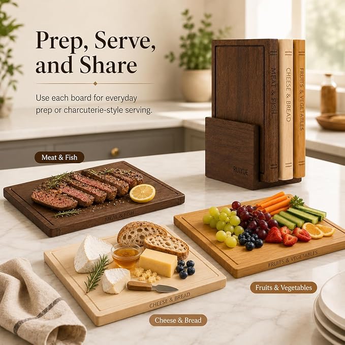 Book Shaped Cutting Board Set with Walnut Stand, 3 PCS Wooden Cutting Boards (13"x10"), Maple Sapele & Bamboo Charcuterie Serving Boards, Decorative Kitchen Decor Gift for Housewarming (1Set)