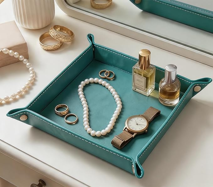 Valet Tray Desktop Storage Organizer – Vegan Leather Catchall Bedside Vanity Tray Nightstand Caddy Holder for Remote Controller, Watch, Keys, Phone, Wallet, Coin, Jewelry, Stone Green