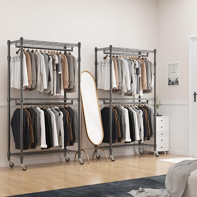 BATHWA Rolling Tall Garment Rack with 2 Rods & 3-Tier Adjustable Shelves, 35.5" W x 16.5" D x 80.7" H, Heavy Duty Clothes Hanging Racks Portable Wardrobe Closet Organizer for Bedroom, Laundry, Black