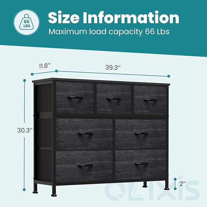 OLIXIS 7 Drawers Dresser for Bedroom, Fabric Storage Tower for Living Room, Entryway - Sturdy Steel Frame, Wooden Top and Easy Pull Fabric Bins, Closet Chests Organizer for Clothes,Black Wood Grain