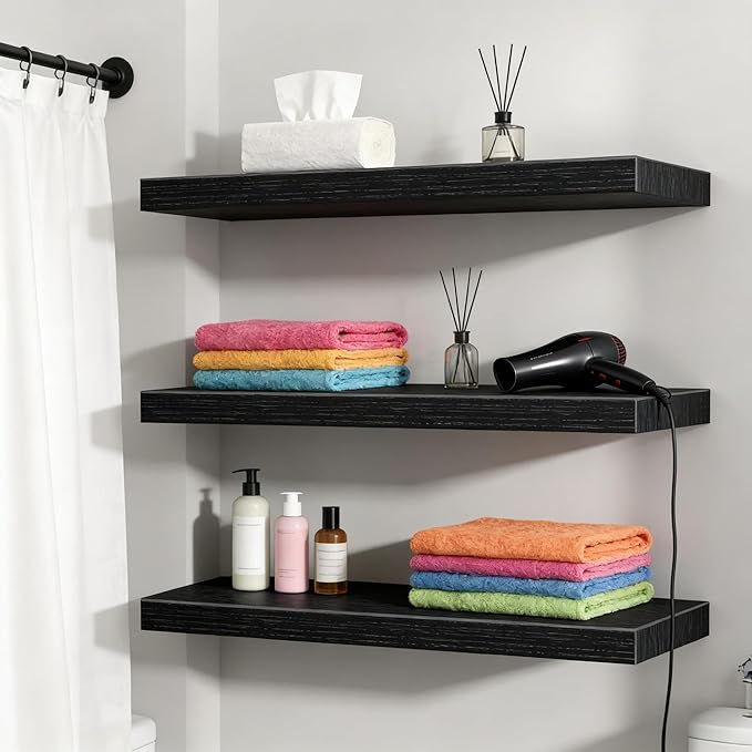 Vervida® Floating Shelves, 35.4 inch Wall Mounted Rustic Wood Shelves for Bathroom, Bedroom, Living Room, Kitchen, Office, Hanging Shelf for Books/Storage/Decor(Black, Set of 3)