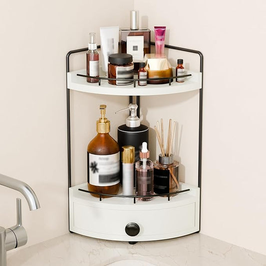 2-Tier Corner Bathroom Countertop Organizer with Drawer, Wooden Vanity Organizers for Makeup and Skincare Storage, Corner Counter Shelf with Embedded Screw Holes, White