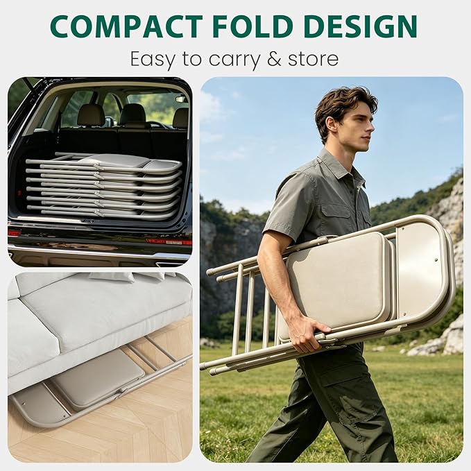 6 Pack Padded Folding Chairs, Portable Metal Foldable Chairs with Cushion, PU Leather Sturdy Indoor Outdoor Seating for Home, Office, Party, Khaki