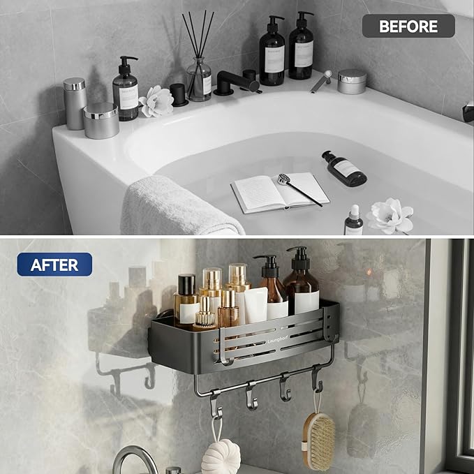 Rectangle Shower Caddy Suction Cup – Rustproof Aluminum Shelf with Towel Bar & Hooks, Laungborf No-Drill Removable Wall Storage for Bathroom (Matte Gray, 1 Pack)