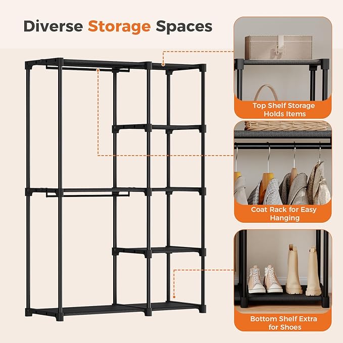 OLIXIS Clothes Rack with Shelves, Portable Wardrobe Closet with Hanging Rods, 44 Inch, Heavy Duty Clothes Rack, Freestanding Closet Organizer, 44" L x 15.7" D x 65" H