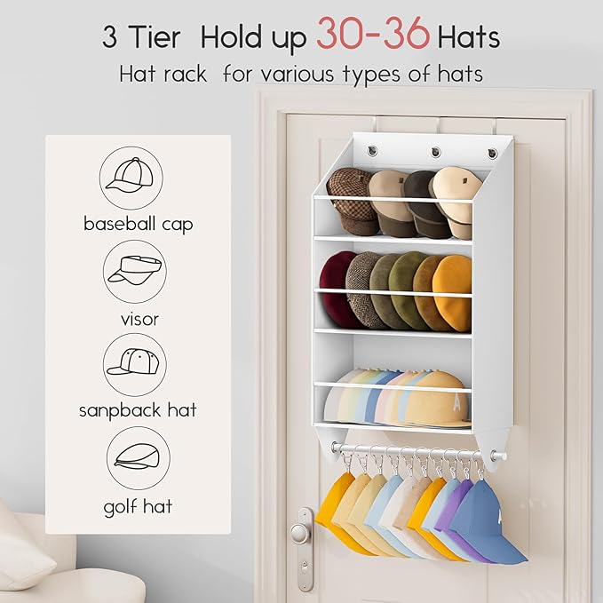 Homsorout Over the Door Hat Rack - 3-Layer Design Hat Organizer Holds 30-36 Hats with 10 Hooks, Ideal Hat Rack for Door, Over the Door Organizer for Closet, Apartment, Bedroom, Dorm, 1 Pack, White