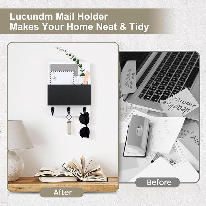 Key and Mail Holder for Wall Mount, Entryway Mail Holder with 2 Slot, Key Holder with 3 Sturdy Hooks for Coat, Dog Leash, Decorative Key Rack (8.86”W x 11.42”H x 3”D) (White)