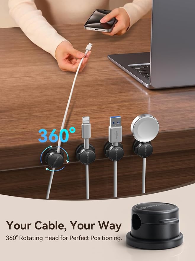NEWDERY 360° Swivel Magnetic Cable Organizer - 10 Pack Rotatable Cable Clips for Office Desk Accessories - Magnetic Cord Holder for Nightstand Organization, Charger Holder for Car & Gaming Setup-Black