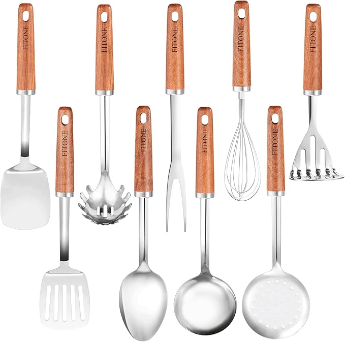 9PCS Stainless Steel Kitchen Utensils Set, Heavy Duty Wooden Handle Cooking Utensils, Metal Cookware Utensils with Spatula, Ladle, Skimmer, Spaghetti Spoon and Potato Masher, Easy to Clean