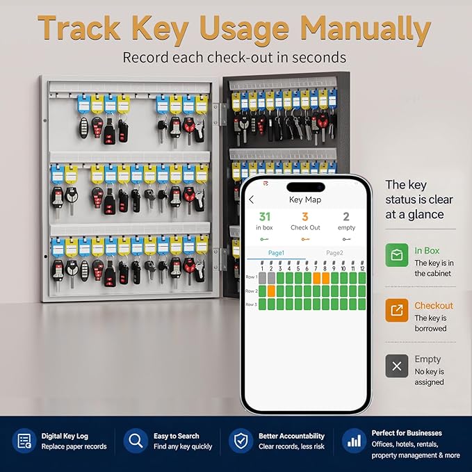 72 Key Key Lock Box Wall Mount, Smart Key Management Cabinet with App, Key Access Log Tracking, Digital Keypad, Bluetooth & WiFi Unlock (Sold Separately) for School, Office, Business