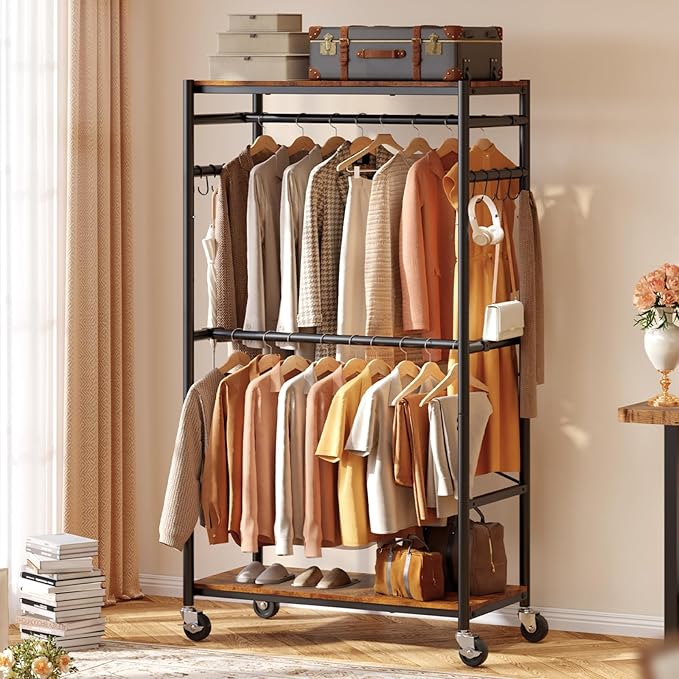 HOKEEPER Heavy Duty Rolling Clothes Rack, Metal Closet Organizer with Wood Shelves, Adjustable 70.9"-79.9" H x 39.3" W Freestanding Wardrobe for Bedroom, Max Load 450 LBS