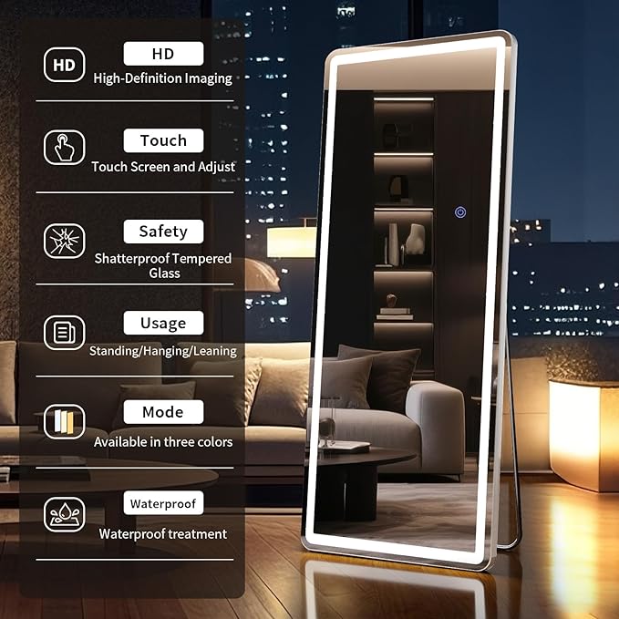 64"x21" LED Full Length Mirror – Standing Floor Mirror with Dimmable Lights 3 Color Modes – Adjustable Brightness, Wall-Mount or Lean for Barber, Fitness Center, Dressing Room, Vanity