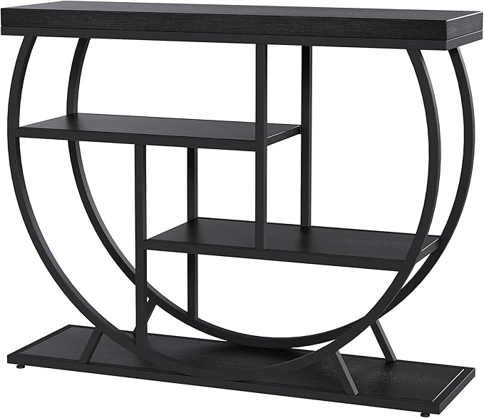 Garvee Entryway Table with Storage, Industrial 4-Tier Narrow Console Table Behind Couch with Half-Circle Base & Storage Shelves for Living Room, Hallway, Foyer