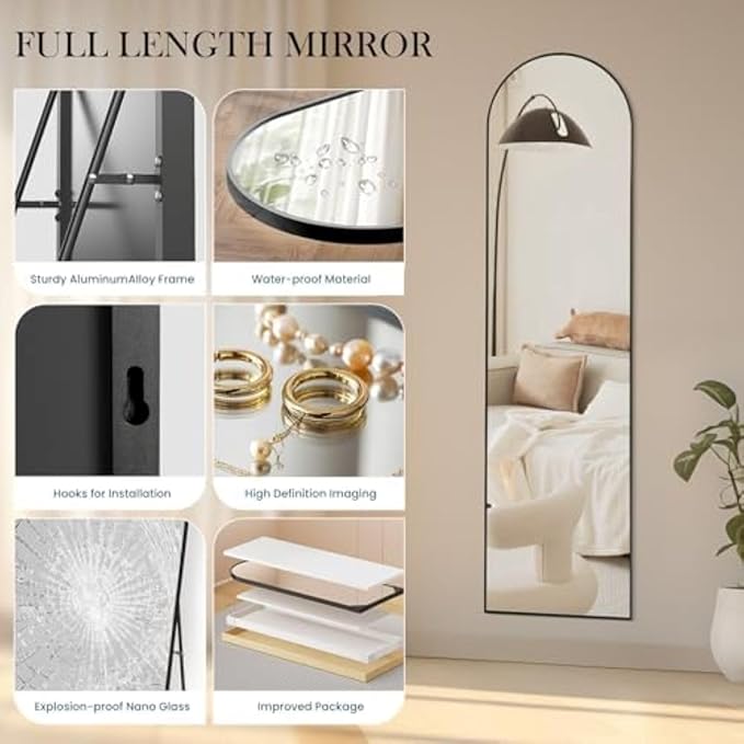 NEWBULIG 59"x16" Arched Full Length Mirror, Full Body Floor Mirror with Aluminum Alloy Thin Frame, Wall or Standing Mirror for Bedroom, Living Room, Dressing Room, Black-Arched