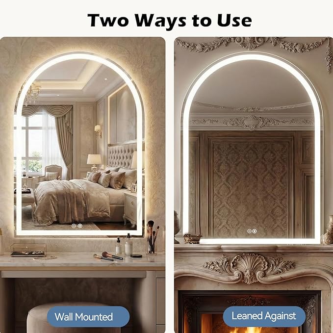 Sweetcrispy 28"×36" LED Arched Bathroom Mirror with Lights, Arched Lighted Bathroom Vanity Mirror with Anti-Fog, Dimmable, 3-Color Light, Memory Function, Tempered Glass
