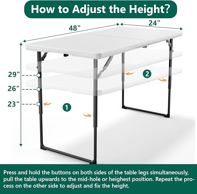 4ft Folding Table with Adjustable Height, Heavy Duty Fold-in-Half Plastic Table with Steel Legs, Portable for Indoor, Outdoor, Picnic, Camping, Dining, Party, (Plastic White)