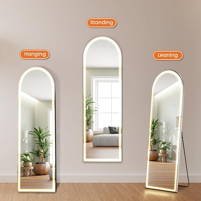NEWBULIG 60"x16" Arched Full Length Mirror with Light, 3 Color Lighting Full Body Floor Mirror with Aluminum Alloy Thin Frame, Wall or Standing Mirror for Bedroom, Living Room, Dressing Room, White