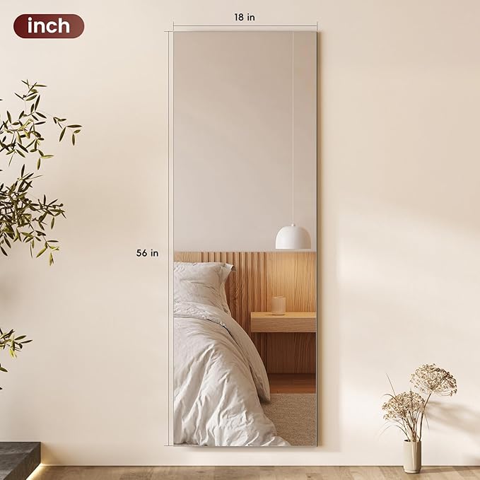 Kosmonia Full Length Mirror, 56"x18" Frameless Floor Mirror w/Distortion Free, HD Reflection, Standing or Leaning Full Body Mirror for Bedroom, Hanging Mounted for Living Room Cloakroom