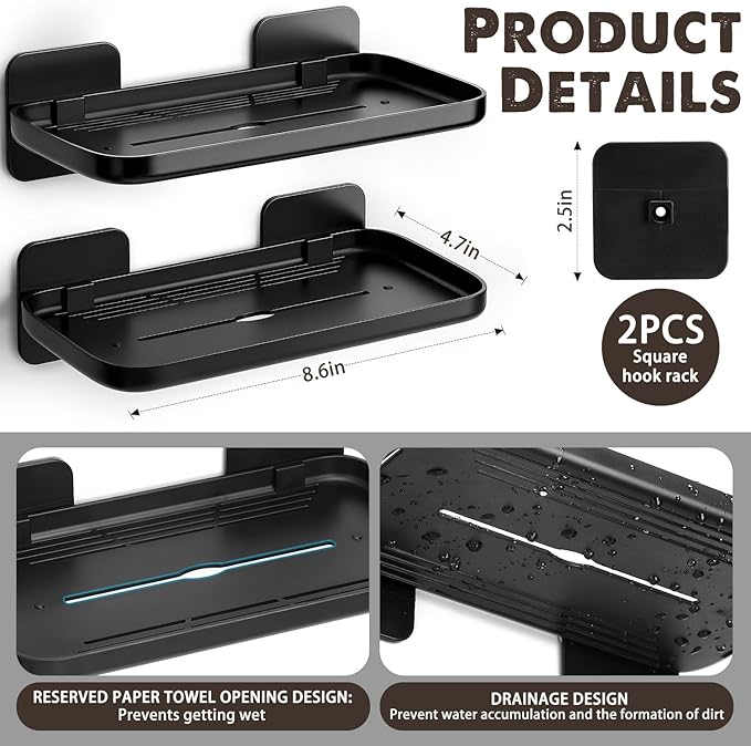 FAYYGYH 2 Pack Adhesive Floating Shelves No Drill Small Floating Shelf for Wall Storage Damage-Free Wall Mounted Organizer for Bathroom, Kitchen, Bedroom & Office (Black)