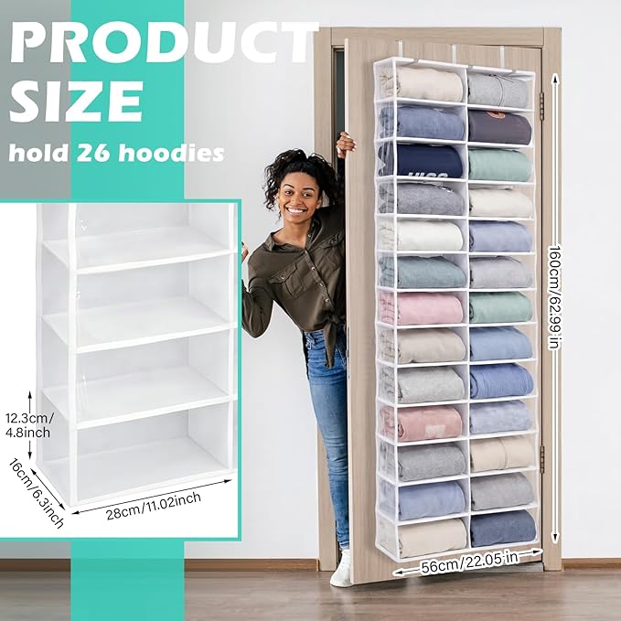 Over The Door Hoodie Organizer 26 Clear Pocket Sweatshirt Organizer with 3 Hooks Hanging Sweatshirt Hoodie Rack Holder Cabinet Behind The Doors for Dormitory Bedroom Closet Storage