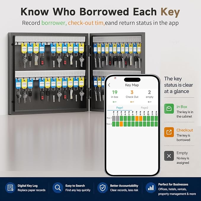 48 Key Lock Box, Key Cabinet with Key Management App (Track Key Borrow/Return), Security Key Holder Wall Mount Lockbox for School, Office, Hotel, Property Management