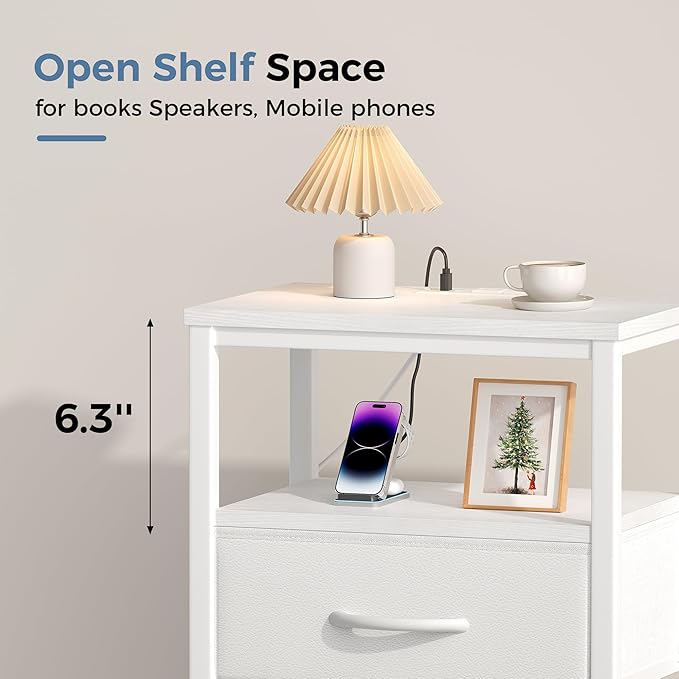 DUMOS 3-Tier Storage, Bed Side Tables with Wireless Charging Station, End Tables with Adjustable Fabric Drawers, Nightstand Set of 2, Modern Design, White