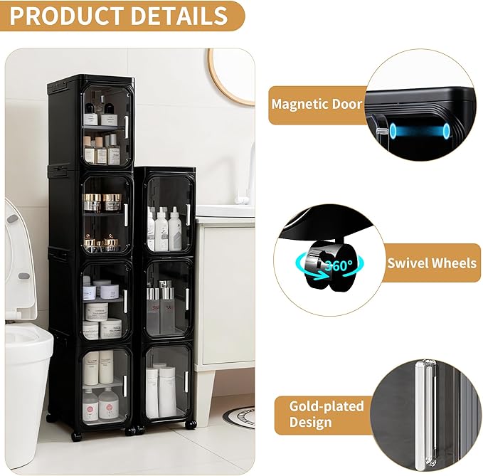4-Tier Tall Narrow Storage Cabinet, Slim Bathroom Storage Cabinet with Adjustable Shelves and Wheels, Narrow Organizer for Small Space, Bathroom, Kitchen, Laundry, Black