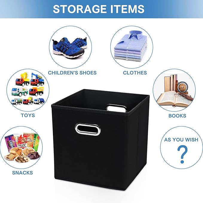 STOREONE 13 Inch Cube Organizer Bins ,Black Fabric Storage Bin，Foldable Storage Box Basket with Dual Handles Fabric Organizer Bins and collapsible Storage Boxes，Set of 3,Black