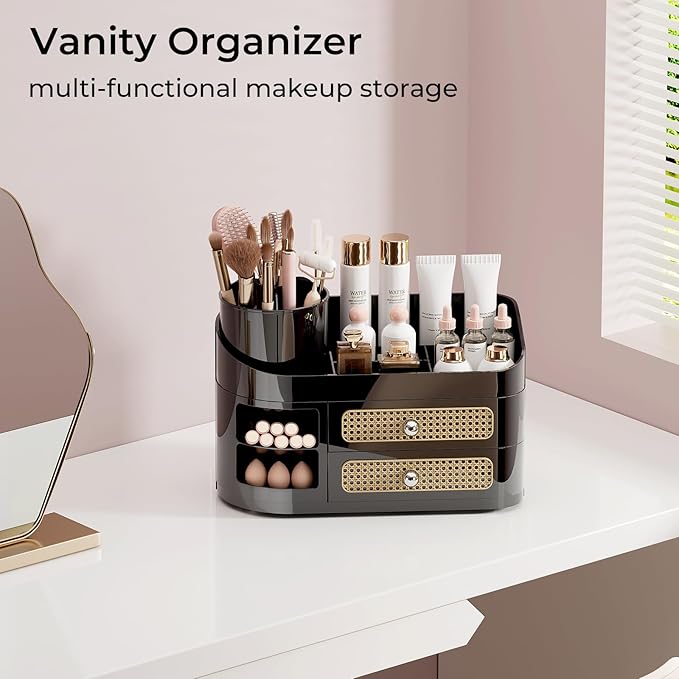 UFORU Makeup Organizer with Rotating Brush Holder, Bathroom Countertop Organizer with 2 Drawers, Easy to Store Hair Brush, Lipsticks, Perfumes, Skincare, Black