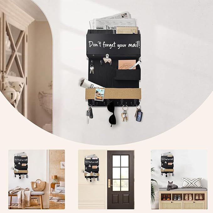 Mail Organizer Wall Mount，Key Holder Mail and Key Organizer for Wall with Shelf, Chalkboard, Corkboard, Home Decor for Room Office Entryway(Midnight Black)