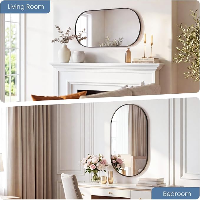 Sweetcrispy 24" x 36" Black Bathroom Mirror for Wall, Oval Wall Mirror with Metal Frame, Tempered Glass, Modern Vanity Mirror for Over Sink, Living Room, Bedroom, Entryway, Horizontal or Vertical